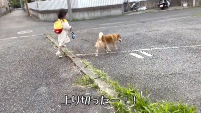 散歩をする犬とスキップする女の子