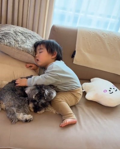 眠そうな赤ちゃんと犬