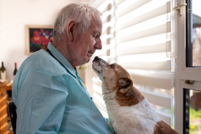 病院で高齢の男性の口元を嗅ぐ犬