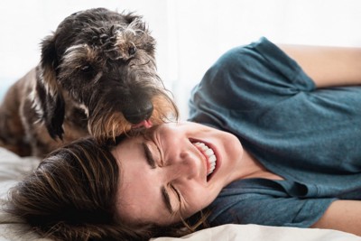 横になる女性の顔を舐める犬