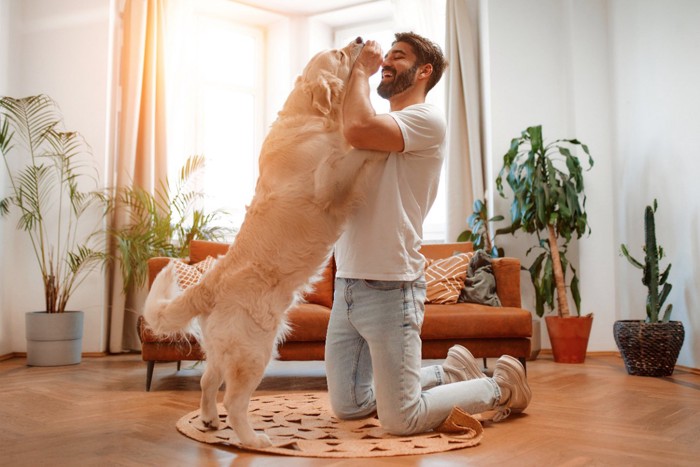 室内で遊ぶ男性と犬