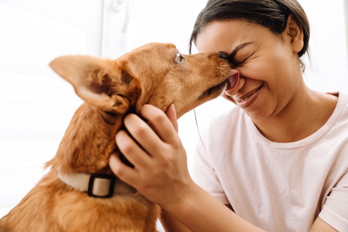 顔をしかめる女性と犬