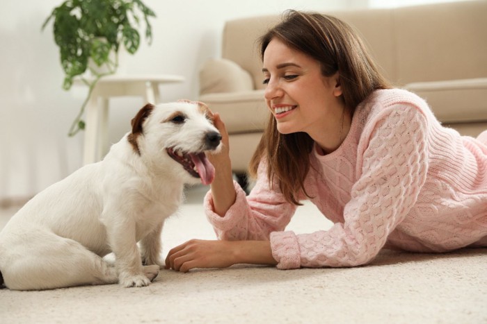 愛犬と触れ合う女性