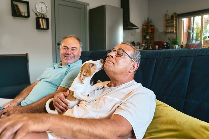 中年男性の顔を舐める犬