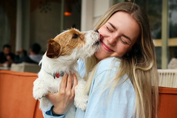 女性の頬をなめる犬