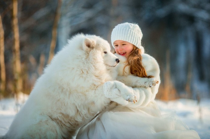 雪の中の女の子と犬