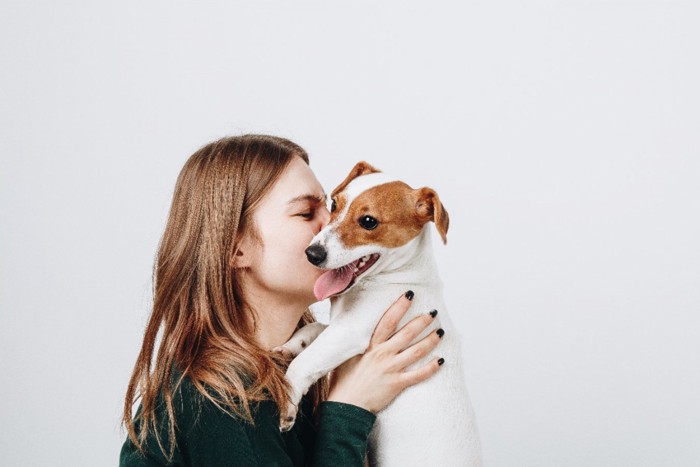 女性に抱っこされている犬