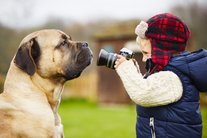 犬を撮影する子ども