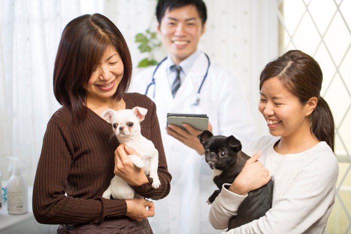 動物病院と子犬と飼い主さん