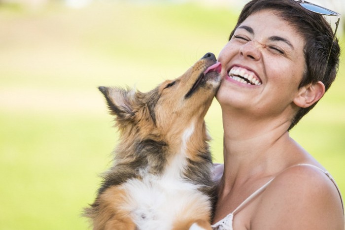 笑う女性と顔を舐める犬