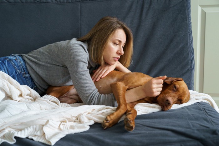 つらそうな茶色い犬を心配そうに寄り添う女性