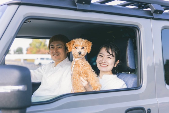 車でお出かけする犬と男女