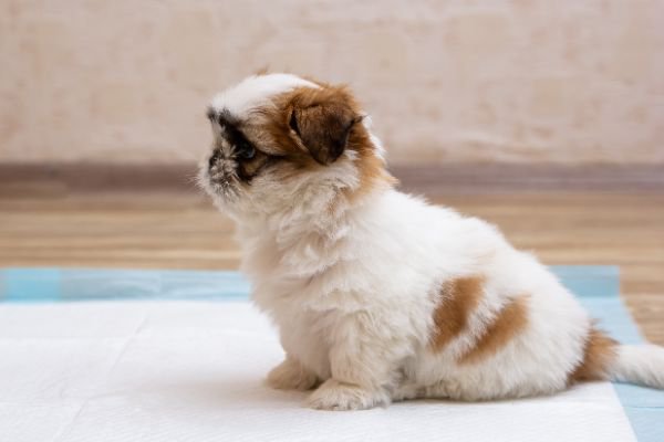 ペットシーツの上に座る子犬