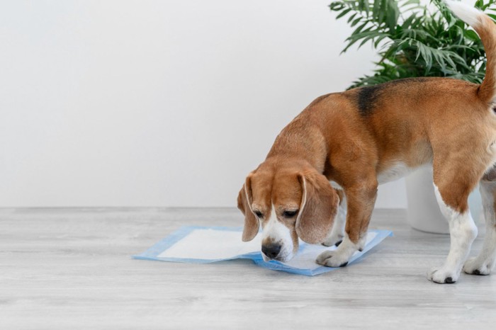 シートを嗅ぐ犬