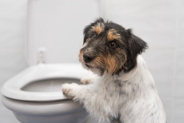 便器にタッチする犬