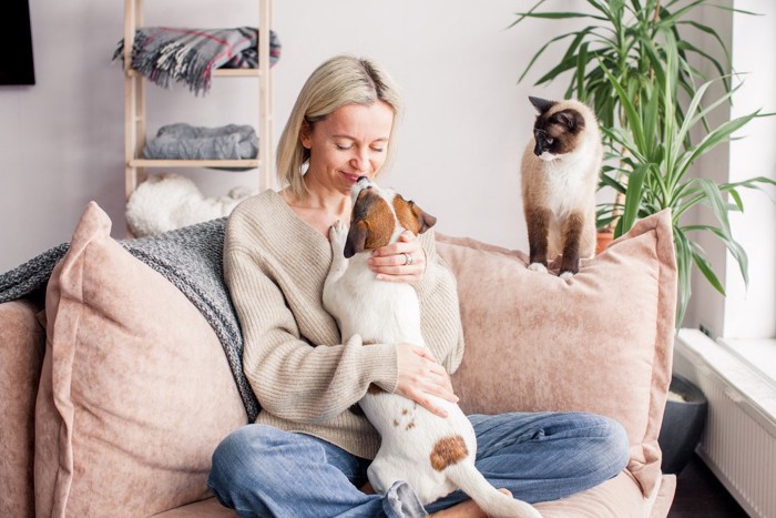 ソファに座る女性と犬と猫