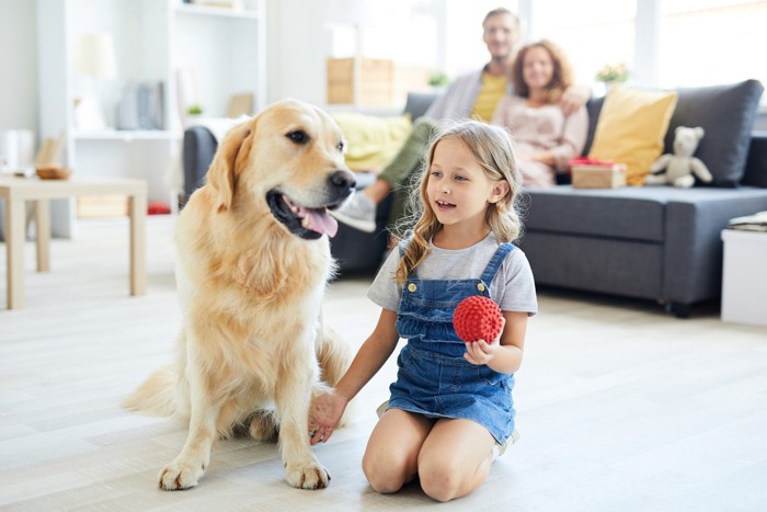 少女と犬、家族で過ごすリビングの様子