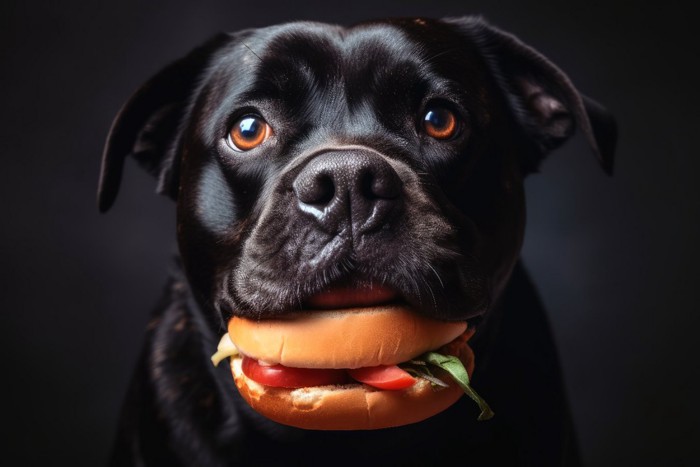 バーガーをくわえる犬