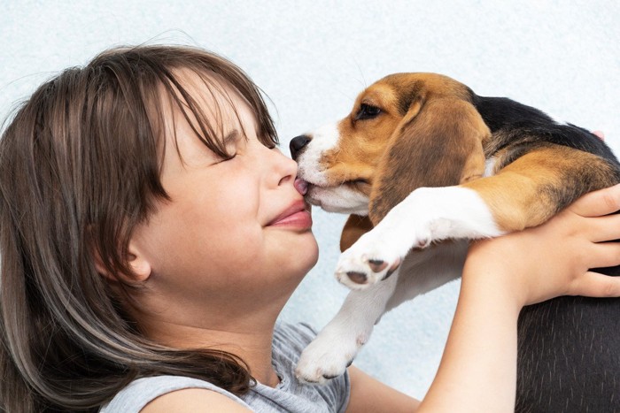 犬に舐められる少女