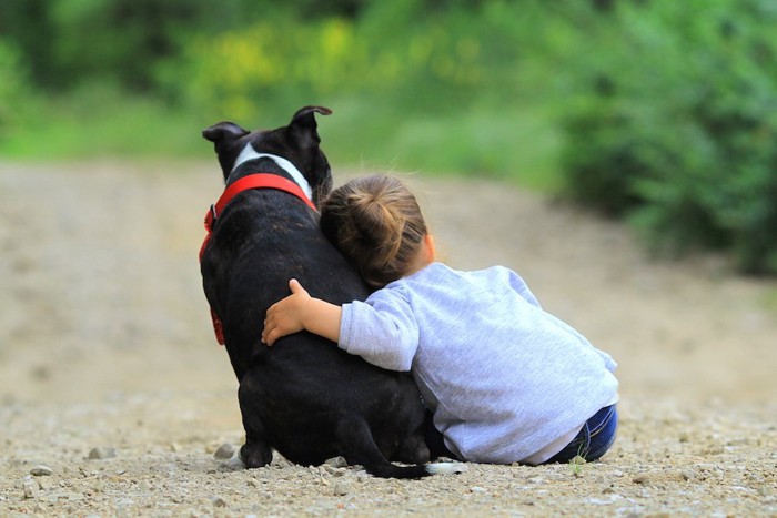 寄り添う子供と犬の後ろ姿