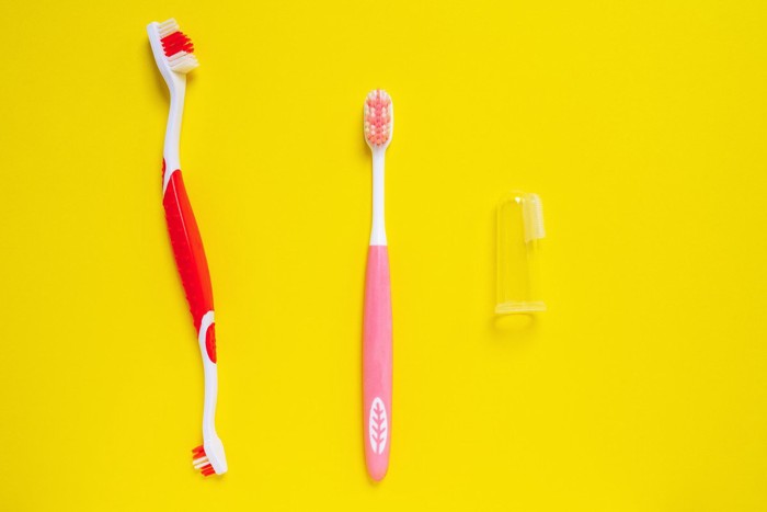 3種の歯ブラシ、黄色い背景