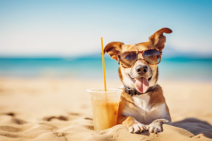 砂浜の犬とジュース