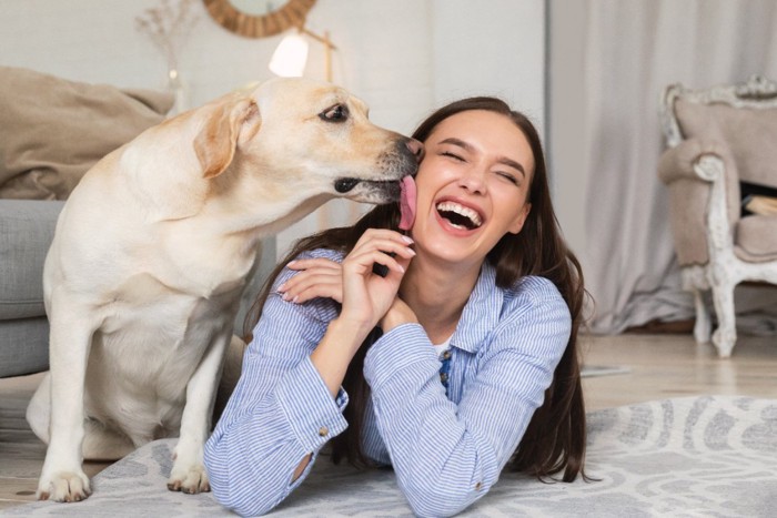 女性の顔を舐める犬