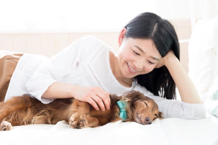 女性の隣で眠る犬