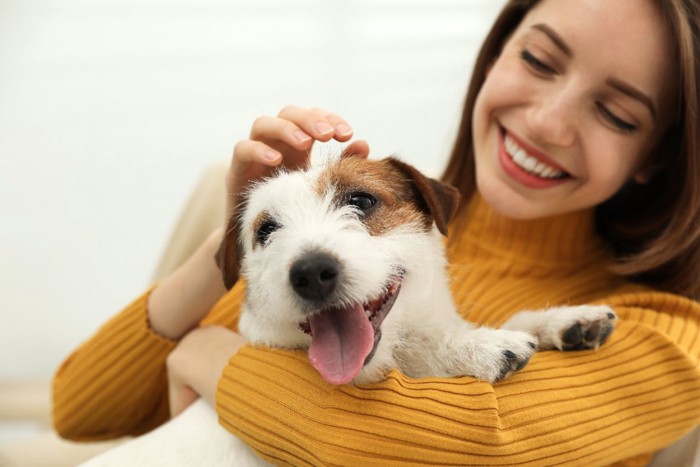 触れ合う女性と犬