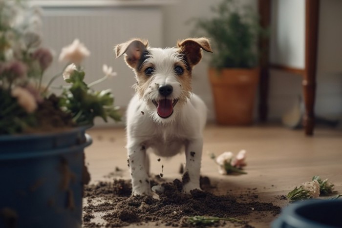 鉢をイタズラした犬