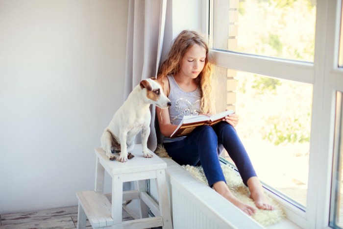 本を読む少女と犬