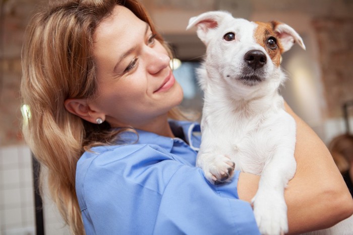 犬を抱っこしている女性