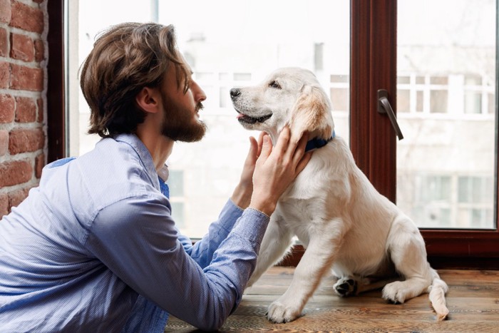 子犬に話しかけている男性