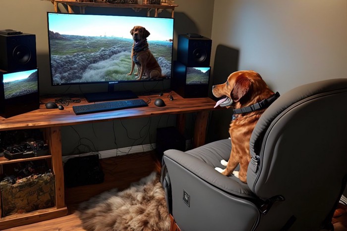椅子に座ってテレビを見る犬