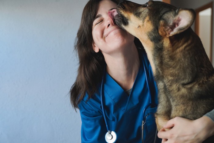 女性の鼻を舐める犬