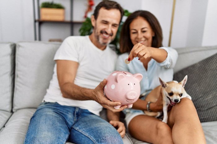 犬と家族と貯金箱