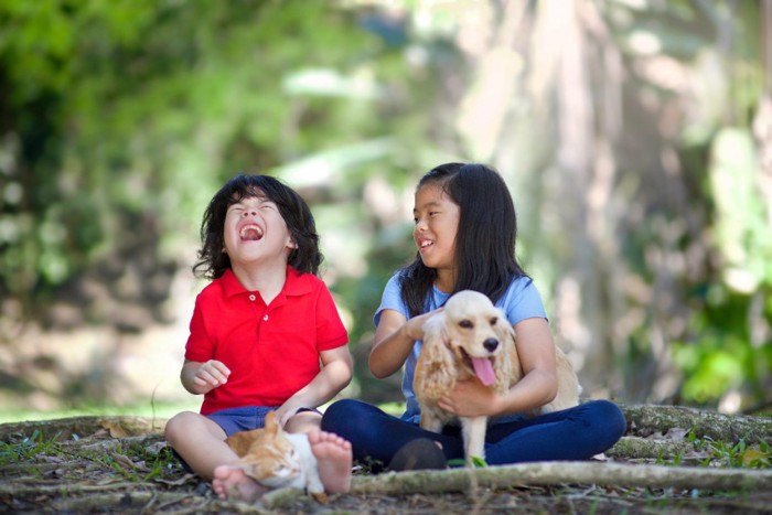 犬と猫を抱いている子どもたち