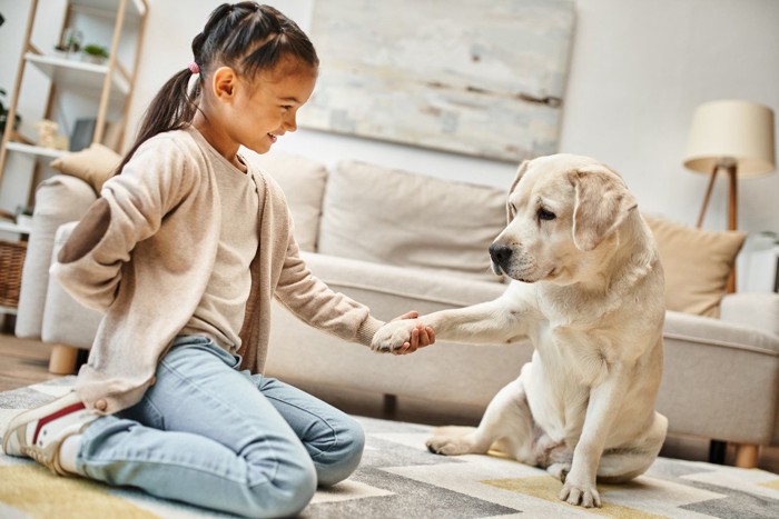 少女にいやいやつきあう大型犬