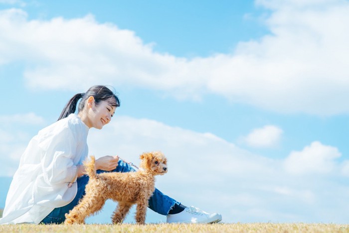 女性と遠くを見る犬