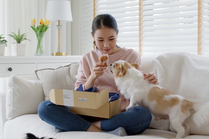 サブスクで届いた箱を開ける女性と喜ぶ犬