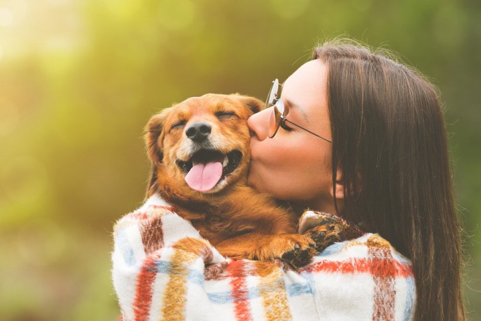 女性に抱っこ、キスされている犬