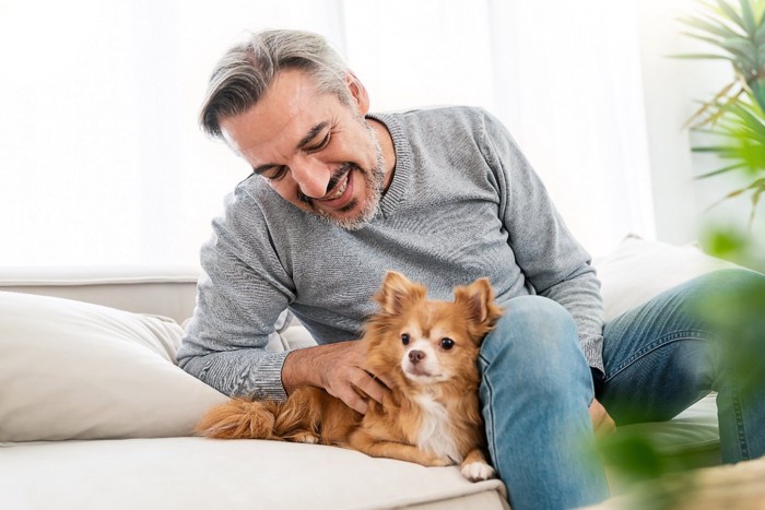 白髪の男性と犬