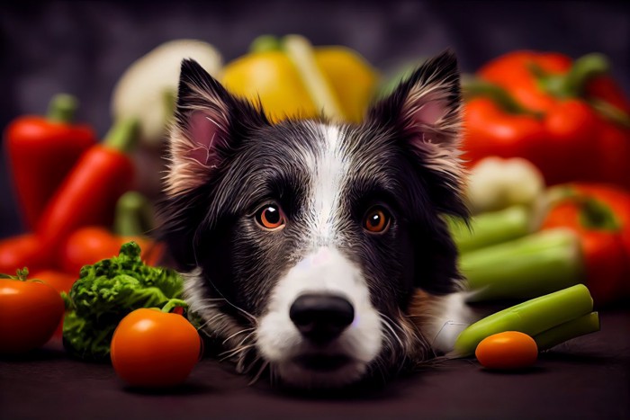黒い背景に犬と野菜