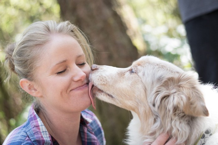 女性の顔を舐める犬