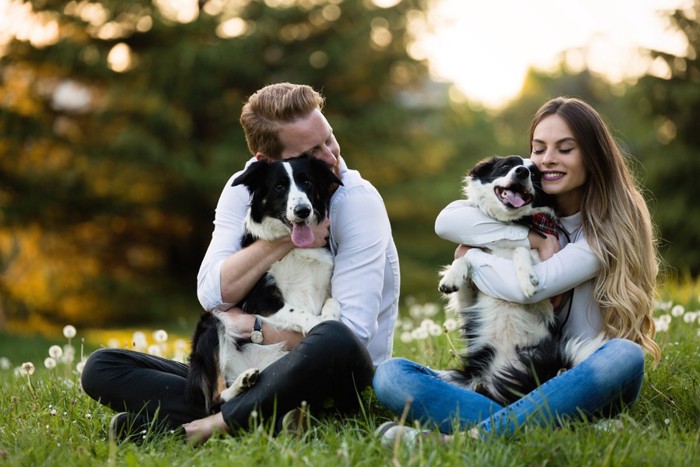 二頭の犬を抱きしめる男性と女性