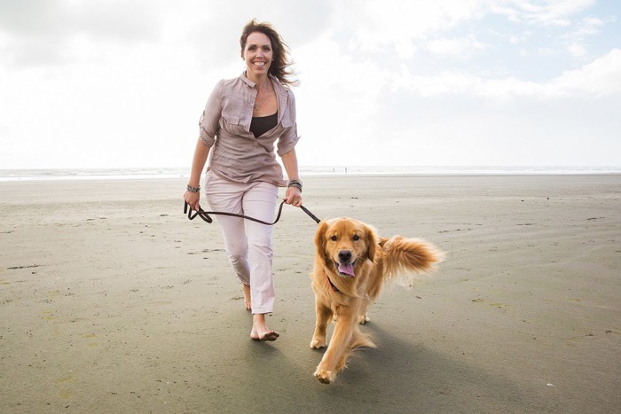 ビーチを散歩する女性と犬