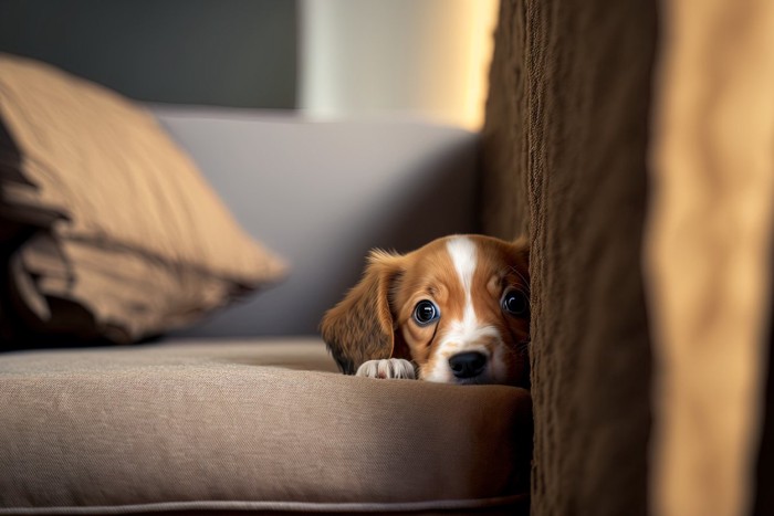 不安そうにこちらを見つめる犬