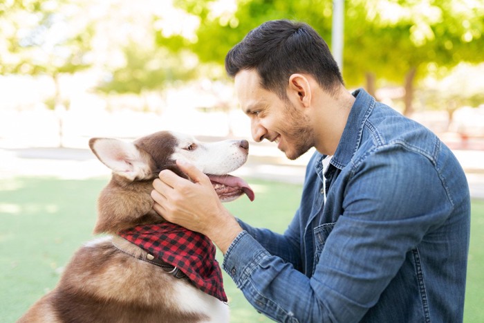 笑顔で男性とアイコンタクトをする犬